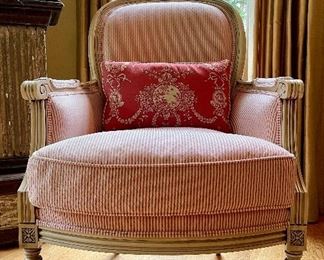 Item 28:  Custom Upholstered Armchair with Down Pillow - 26.75"l x 21"w x 37"h:  $425