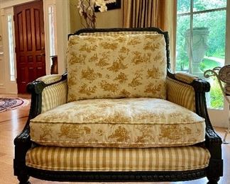 Item 29:  Custom Upholstered Carved Armchair with Down Cushions- 30"l x 23"w x 35.25"h:  $445