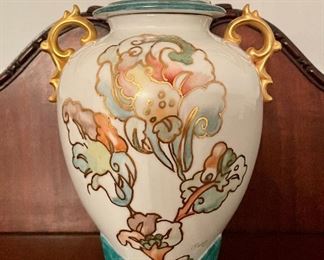 Item 145:  Vintage Urn with Lid & Gold Handles - 10.5": $38