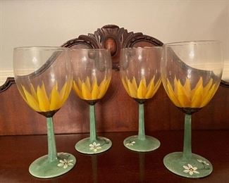 Item 148:  (4) Hand Painted Sunflower Wine Glasses: $24