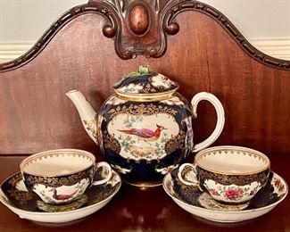 Item 149:  Booths Silicone Worcester Scale Blue Exotic Tea Cups and Tea Pot:  $125