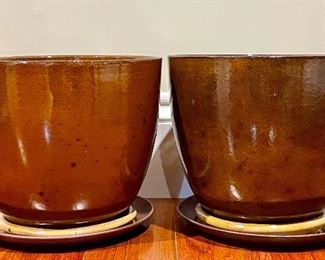 Item 257:  (2) Brown Planters with Under Plate - 11.75" x 10.25":  $28/Pair