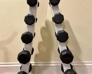 Item 262:  York Barbell Set with Weights:  $200                                                                          Weights - 3lbs., 8lbs., 10lbs., 15lbs., 20lbs., 25lbs.