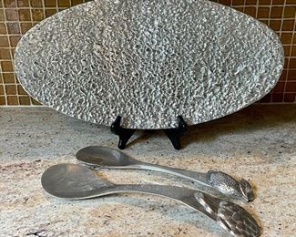 Item 287:  Bright Textured Silver Mariposa Serving Dish and Utensils: $38 for 3 pc 