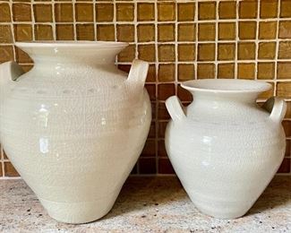 Item 83:  Simon Pearce Ivory Pottery Vases:  $48 for pair                                                                                                             Large - 8" (left)                                                                                                   Small - 5.75" (right)