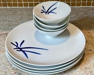 Item 329:  Set of 4 Plates & Bowls with Blue Abstract Design:  $24