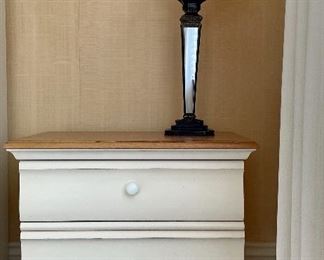 Item 396:  (2) Thomasville Nightstands (in need of TLC) - 28"l x 18"w x 25"h:  $250 for pair                                                                                                      Item 397:  (2) Decorative Mirrored Lamps - 32": $38 each