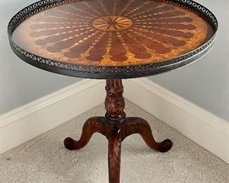 Item 26:  Intricate Inlaid Pedestal Table with Brass Gallery - 26.25" x 28.25":  $595