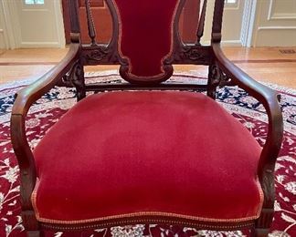 Item 41:  Ornate Antique Red Velvet Occasional Chair - 24.5"l x 19"w x 33.5"h: $275