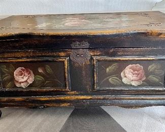 Item 425:  Black Hand Painted Box with Pink Flowers - 21.75"l x 11.5"w x 10"h: $45