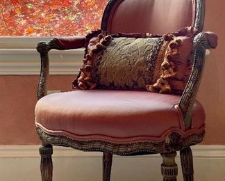 Item 50:  French Provincial Arm Chair Upholstered in Raw Silk with Pillow and Ottoman:  $375                                   Chair - 24"l x 19"w x 35"h