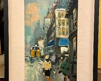 Item 512:  Oil on Board, Street Scene, signed lower right - 18" x 31": $275