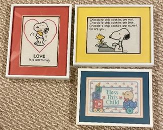 Item 520:  Vintage Cross Stitch Snoopy and Bless This Child: $24 ea                                                                                                     Snoopy - 10.25" x 8.25                                                                               Bless this Child - 9.25" x 7.25"
