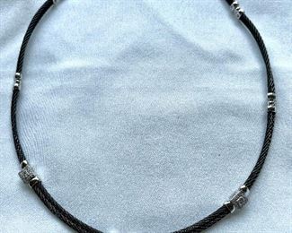 Item 441:  Charriol 18K White Gold & Diamond Pendant and Black Stainless Steel Cable Necklace: $695