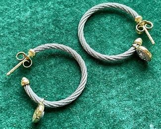 Item 459:  Charriol 18K and Sterling Silver Cable Hoops with Diamond Drops:  $265