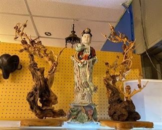 Tall vintage Chinese statue with upside down roots on stands