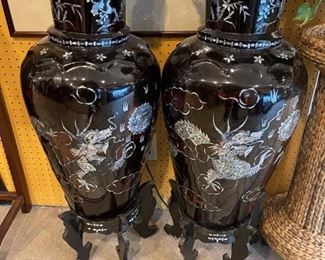 Large black lacquer floor vases with mother of pearl inlay on stands. The mother of pearl is flaking off, but these still look great! The final clearance on these is $100 each. (No further discount)