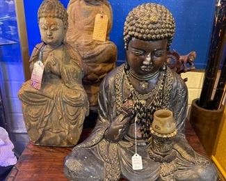Antique plaster Buddha and misc. antique wood carvings