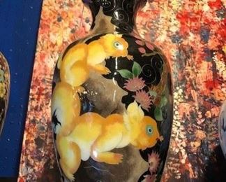 Rare Japanese enamel and silver wire vase with a squirrel motif