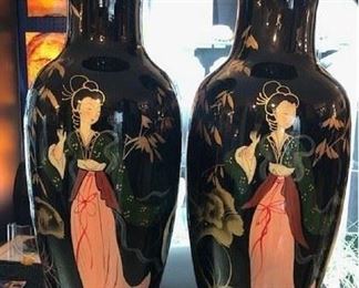 Tall pair of Japanese hand painted enamel vases