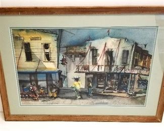 Mystery Bahamas street scene watercolor, signed illegibly.