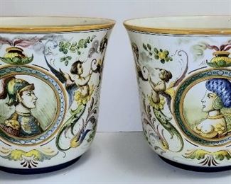 Pair Large Majolica Portrait Jardinieres