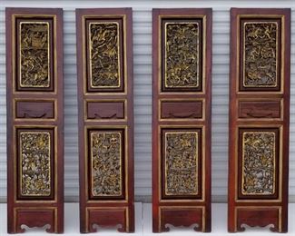 Set 4 Panel Carved Gilt Architectural Chinese Screen