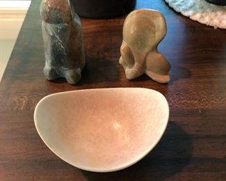 Gunnar Nylund (Sweden) stoneware bowl; two carved stone figurines (figurine on left is signed).