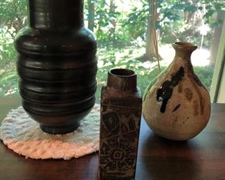 Royal Copenhagen Fajance vase (center); Lama Oaxaca vase (rear left); stoneware vase by Jan Antwerp (rear right).