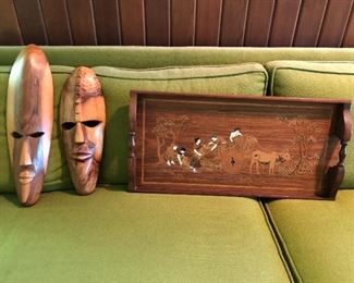Wood masks and serving platter.