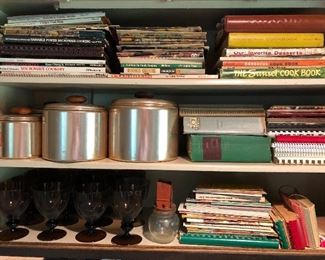 Vintage cookbooks; canister set; retro glassware.