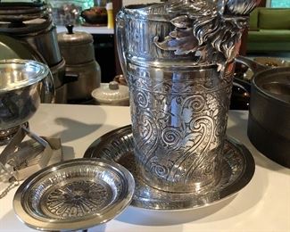 Victorian James W. Tufts quadruple plate lion pitcher with tray.