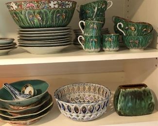 Vintage Chinese porcelain bowls, plates and cups; MCM stoneware vase signed “FLAIR”.