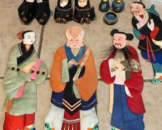 Vintage Chinese "pig" and "cat" shoes for children; Chinese paper dolls with silk clothing and facial hair.