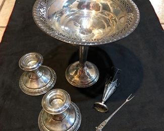 Sterling compote and candlesticks.