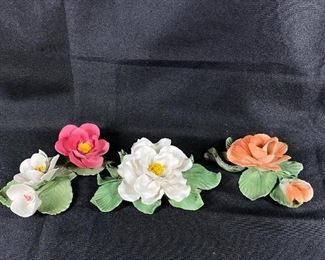 Set of 3 Capodimonte Rose Flower Porcelain Figurines