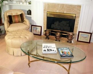 Baker Striped Occasional Chairs with Matching Ottoman, Beveled Glass Top Coffee Table