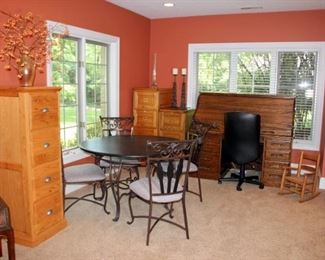 Table & 4 Chairs, Roll Top Desk, Wooden File Cabinets