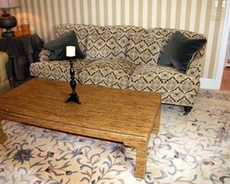 Pearson Upholstered Sofa, Rattan Coffee Table