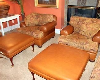 Pair of Pearson Leather Club Chairs with Upholstered Cushions, Pair of Charles Stewart Leather Ottomans
