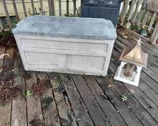 Suncast Patio Storage Box with Contents and Bird Feeder