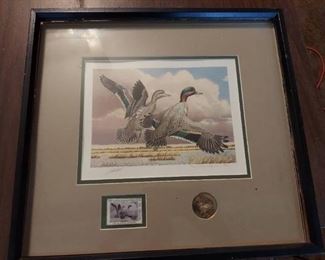 1987 Waterfowl Habitat signed and numbered print with stamp and medallion - needs reframed