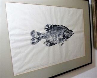 1965 Fishing art piece created by inking the actual fish and applying it to the paper.  "Small Crappie"