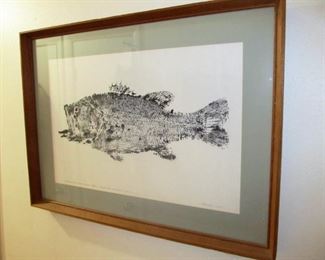1967 Fishing art piece created by inking the actual fish and applying it to the paper.  "Largemouth bass"