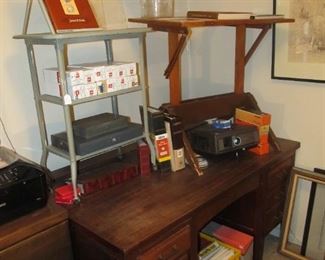Antique desk 40s-50s PRESALE ITEM $185,  Small antique drafting table 50s, Antique metal typewriting table, vintage slide projector.