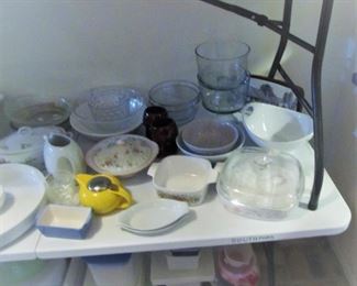 Collection of kitchen goodies - casseroles & more!  Pyrex, Corning Ware, Tupperware, Anchor Hocking, Enamelware pots, & more.