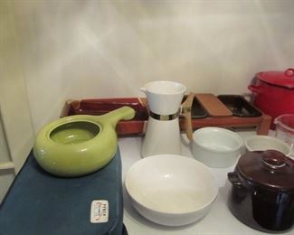 Collection of kitchen goodies - casseroles & more!  Pyrex, Corning Ware, Tupperware, Anchor Hocking, Enamelware pots, & more.