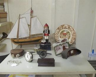 Handmade model ship, antique stereoscope, cast iron toy bank, 