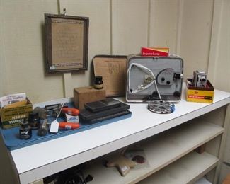 Antique Brownie 300 movie projector & Movie Camera, Antique graphic design ink rollers, bottles, metal paint trays, 