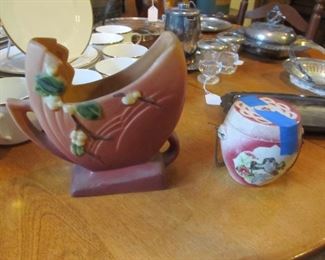 Antique Roseville Pillow Vase, Antique Tea Caddy.